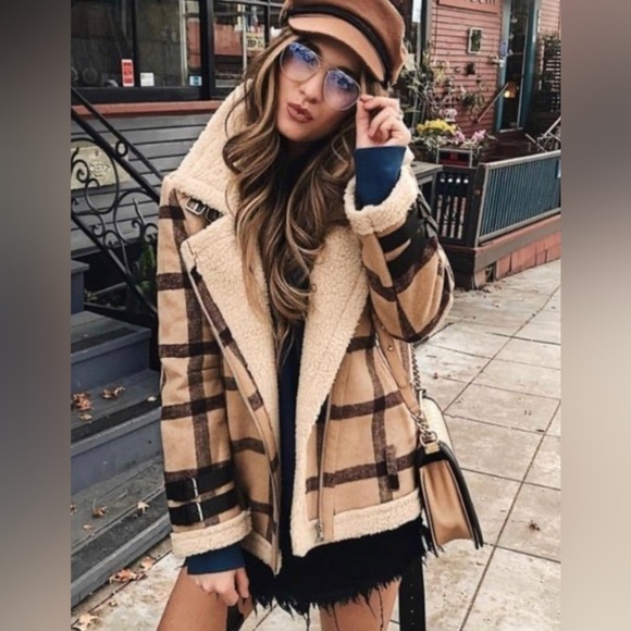 J.O.A Plaid Faux Fur Shearling Moto‎ Jacket - Picture 1 of 7